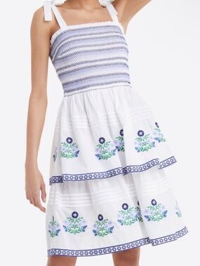 Draper James White Sundress with Blue Floral Embroidery 100% Cotton Small Flaws